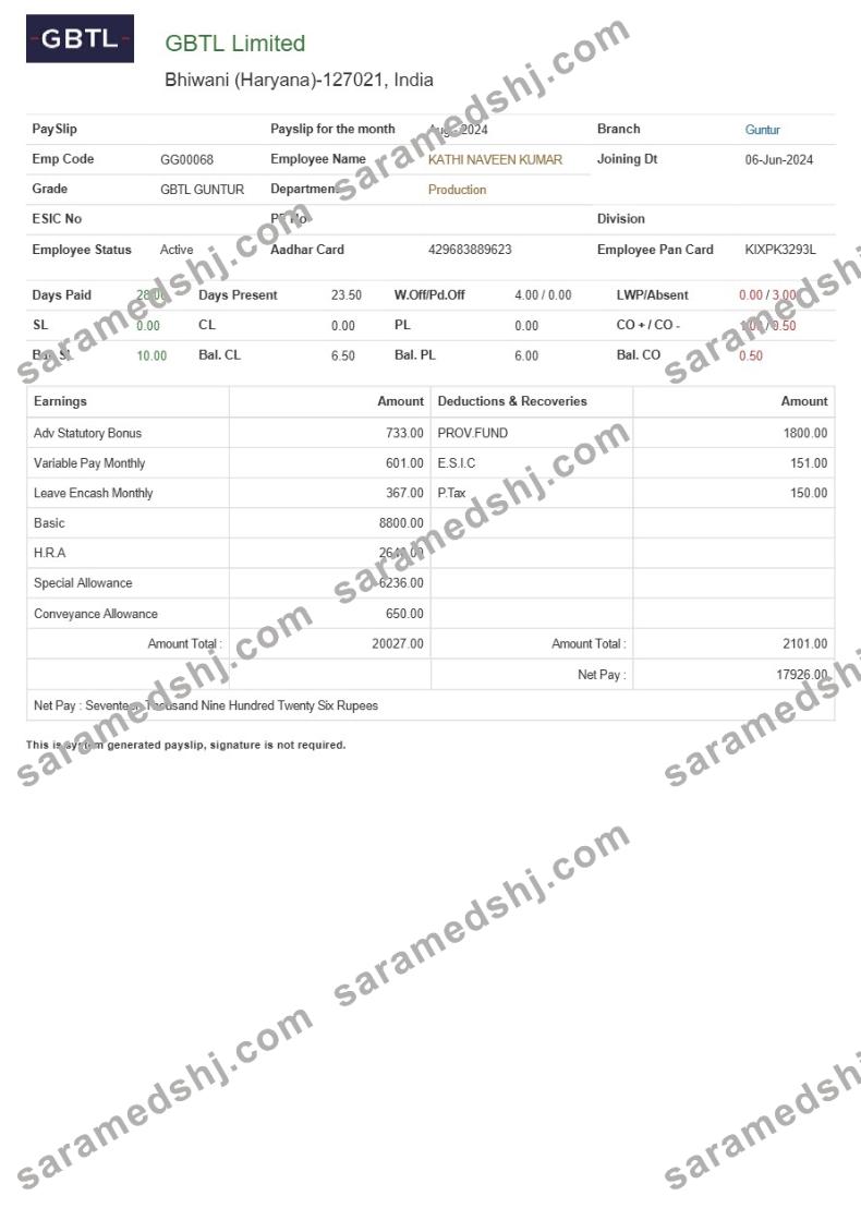 GBTL Limited textile company payslip template in Word and PDF formats.pdf, 1